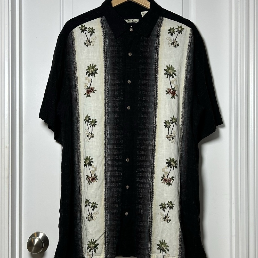 Batik Bay 100% Rayon Black Tropical Palm Tree Print Calm Collar Button Up Shirt
